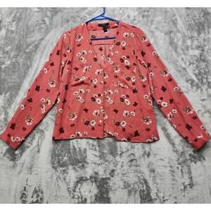 Forever 21 Top Womens M Pink Floral V-Neck Long Sleeve Button Front Preppy
